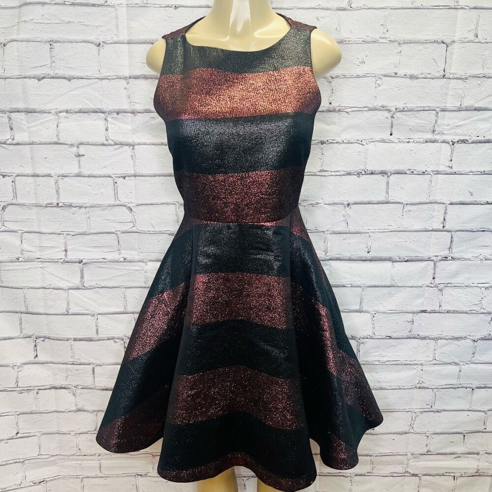 Alice + Olivia Womens Black Metallic Striped Open Back Fit & Flare Dress Size 10